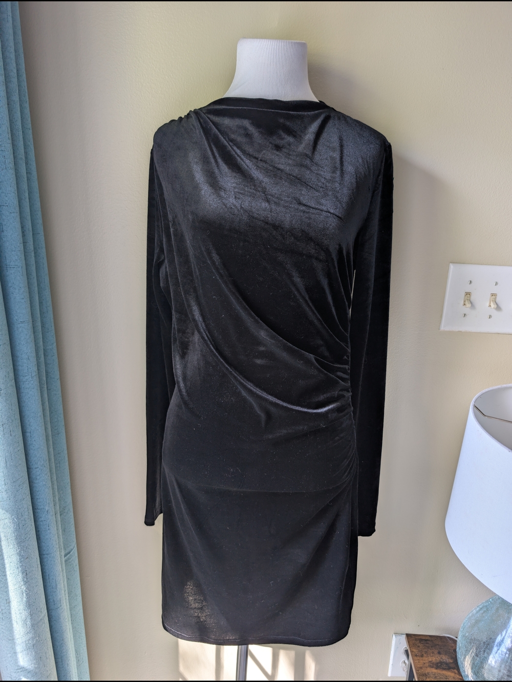 H&M Black Velvet Long-Sleeve Draped Mini Dress